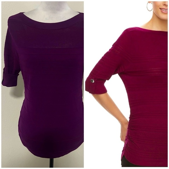 Apt.9 Women’s Purple Striped Ruched Sweater Size Medium Round Hem Office EUC - Picture 1 of 9